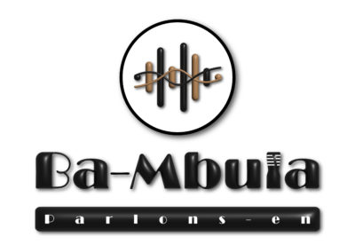 Logo Ba Mbula avec ondes sonores stylisées et typographie noire sur fond sombre – Slogan “Parlons-en” en bas.
